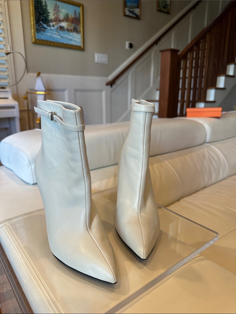 Reiss Cream Pointed Toe Leather Ankle Booties with Strap